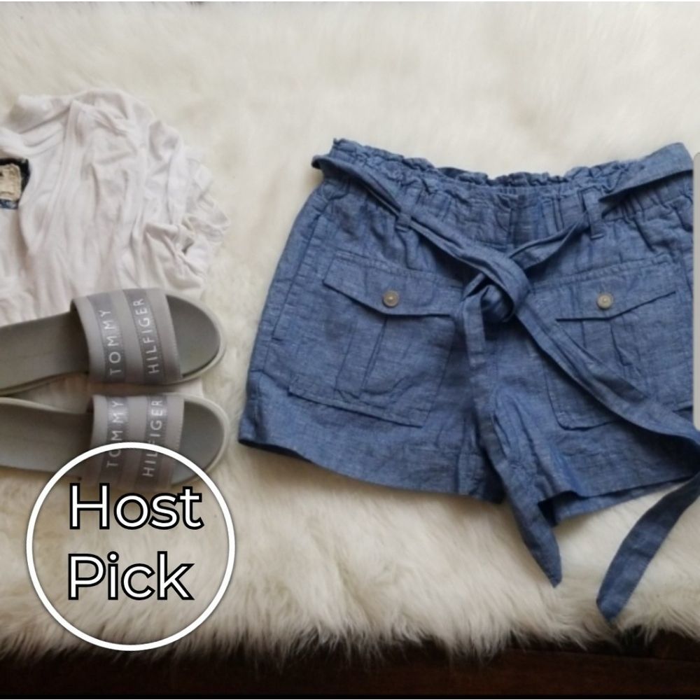Loft Belt Tie Waist Chambray Shorts, Pockets Size 2